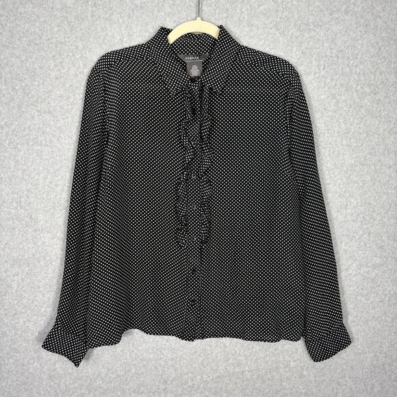 George ME Shirt Women XL Black Silk Dolka Dot Blouse Ruffle Button Career Church - Picture 1 of 12